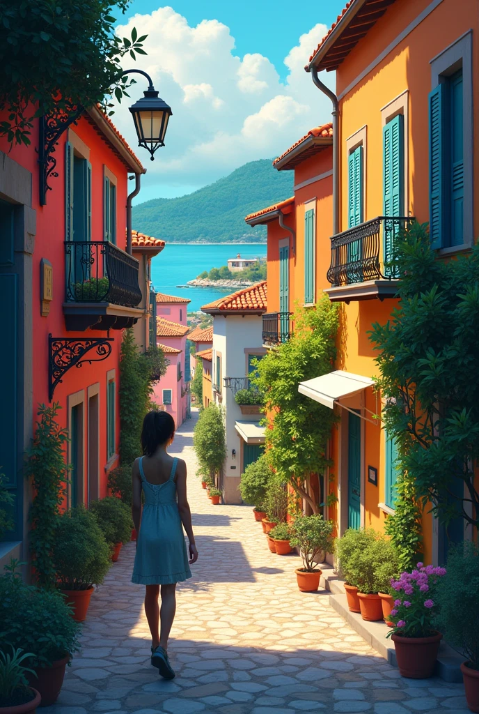 In this section the girl may explore the small town on the island.. This space, with its narrow streets and colorful houses, It could be full of details that contrast with the solitude of the cemetery and the intimacy of the hotel.. The village could symbolize the daily life that continues despite the personal sadness of the protagonist., showing the interaction between private space and public space.