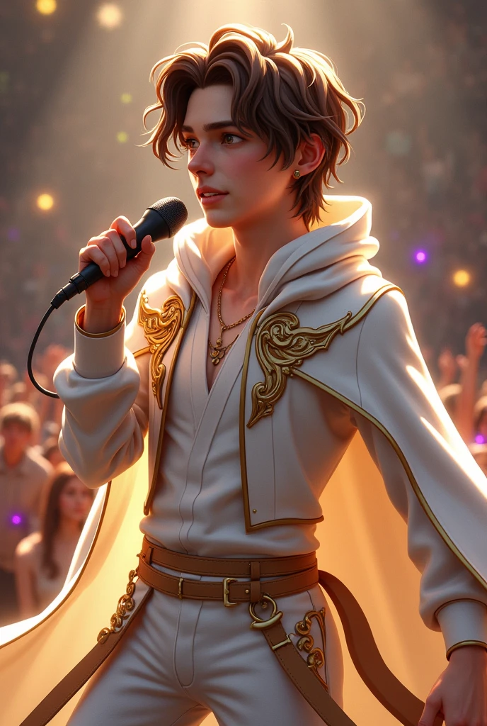 artwork best quality handsome american male ager long brown hair light skin with white cape and hooded coat on head with gold details white long sleeve shirt and white pants underneath intricate details singing holding a microphone seen from afar pointing at the audience at a concert with details uhq 8k details