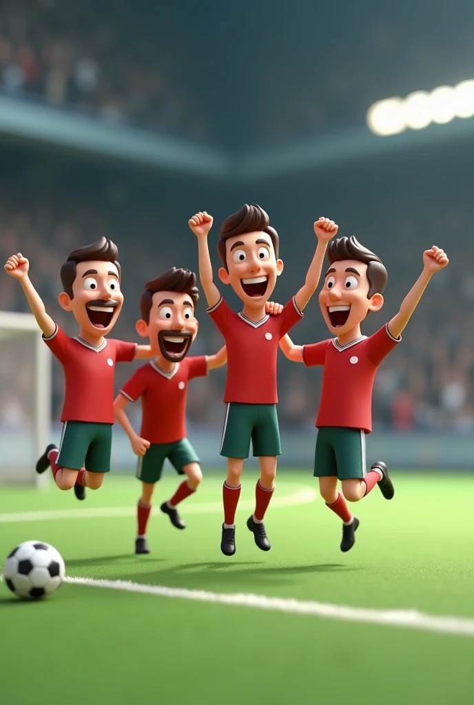 Animated image of a group of 5 men playing micro celebrating a goal happily