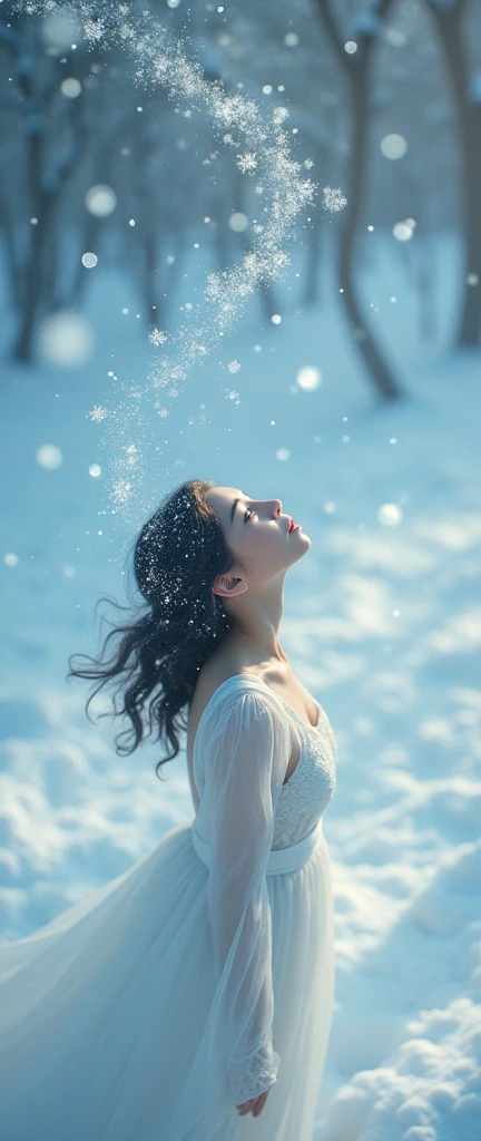 Snowflakes dancing, woman looking up, bird's eye view,