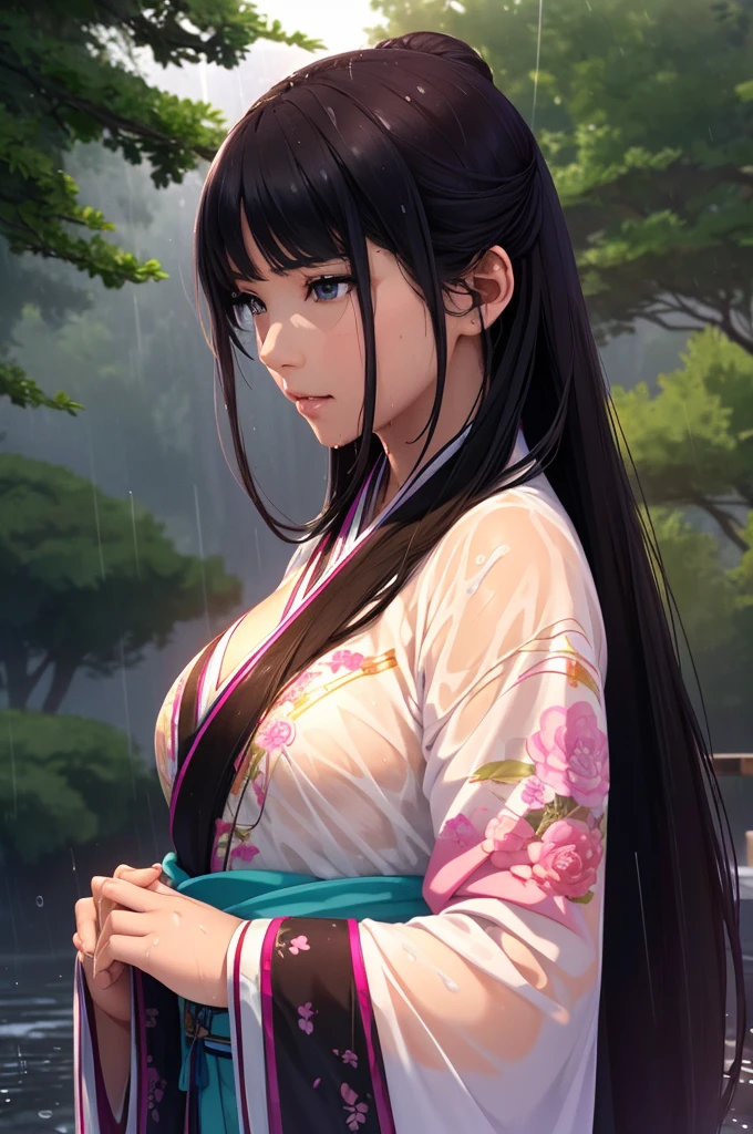 Heavy rain background、In the storm、in the forest、Walking in the river、On the run、In the fog、war (Highest quality,4K,8k,High resolution,masterpiece:1.2), Very detailed, (Realistic,Realistic,Realistic:1.37), High resolution, Hyper HD, Studio Lighting, Ultra-fine painting, Sharp focus, Physically Based Rendering, Very detailed説明, Professional, Vibrant colors, Bokeh, Sports Late Night, Ancient War Landscapes, Traditional Chinese Painting Techniques, Atmospheric lighting, Vivid color contrast, Ethereal atmosphere,Very detailed目と顔, Beautiful attention to detail, Light on the face,豪華なHanfu (Hanfu: 1.1),My whole body is wet、My clothes are wet and transparent、Nipples are visible、The nipples are pale pink、Rain clouds spreading across the sky、Heavy rain weather、Pouring rain、Wind and rain storm、((Soaked skin from head to toe))、((Rain-soaked clothes(Rain dripping from clothes))、((The lines of your body are clearly visible through your wet clothes...))、、Dark Eyes、black eye、Slim figure、Small breasts