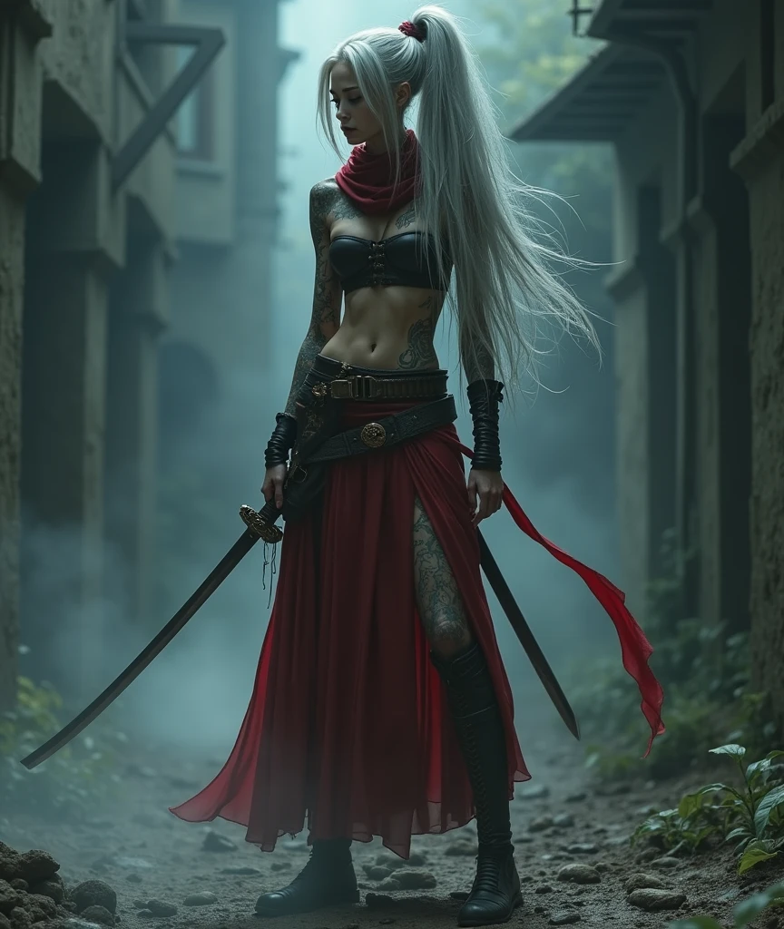 night, very dimly lit, dense fog on ground, highly detailed, intricate, random view angle, skinny female warrior, holding katana, extensively tattooed, confidence, asserted, lost in thoughts, exhausted, battle worn, disappointed, fantasy futuristic mixed setting, extremely long voluminous silver hair, extremely long voluminous ponytail, long red scarf, warriors corset, low-rise flowing maxi skirts, metallic finish, very strong wind, old abandoned overgrown ruins,