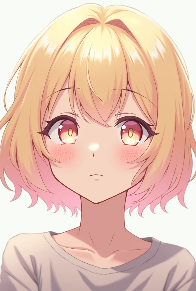One with light blonde hair and light pink at the ends, short and large locks at the front with bangs and eyes half open, honey colored with light pink in the anime style of my hero academia.