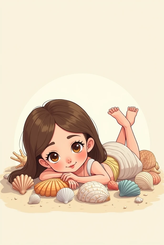 Linear drawing of a Pixar-style female character lying down with shells around her