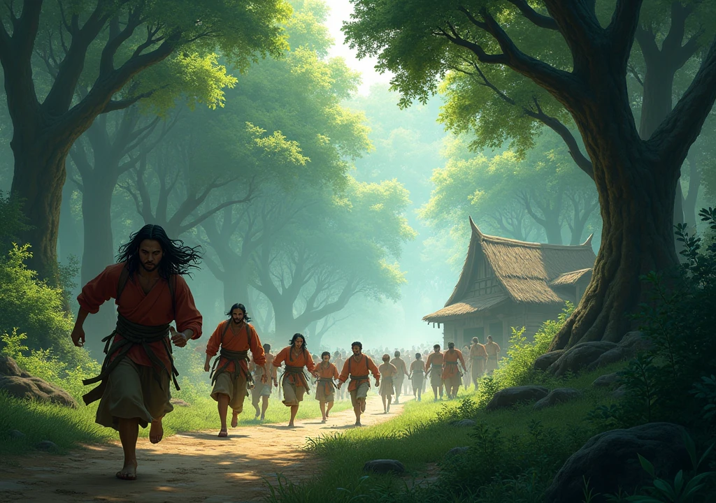 A bunch of villagers running, they are in a vast forest village.