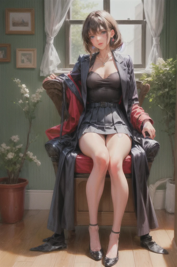 Girl, brown hair, blue eyes, full body, star earing, black wool trench coat, red bow, beautiful necklace, white jumper, black plaid skirt, black tights, ballerina flat shoes, huge chest, big boobs, sitting on wooden chair, table, cup of tea, books, mansion, wooden floor, red carpet, window, open window, petals, butterfly, flowers, cute pose, smile, happy, High detail, Cinematic scene, Highest image quality, (8K), Ultra-realistic, Best Quality, High quality, High Definition, high quality texture, high detailing, Beautiful detailed, fine detailed, extremely details CG, Detailed texture, realistic representation of face, realistic body proportions, masterpiece, presence, Dynamic, Bold