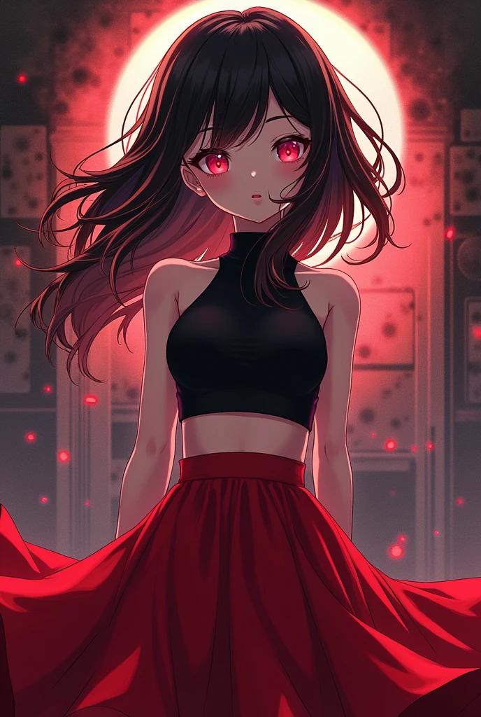 A 1 girl, with black hair up to neck, red slightly glowing eyes, A two-piece outfit composed of a black or red top paired with a long, flared skirt in the opposite color.. And in anime style