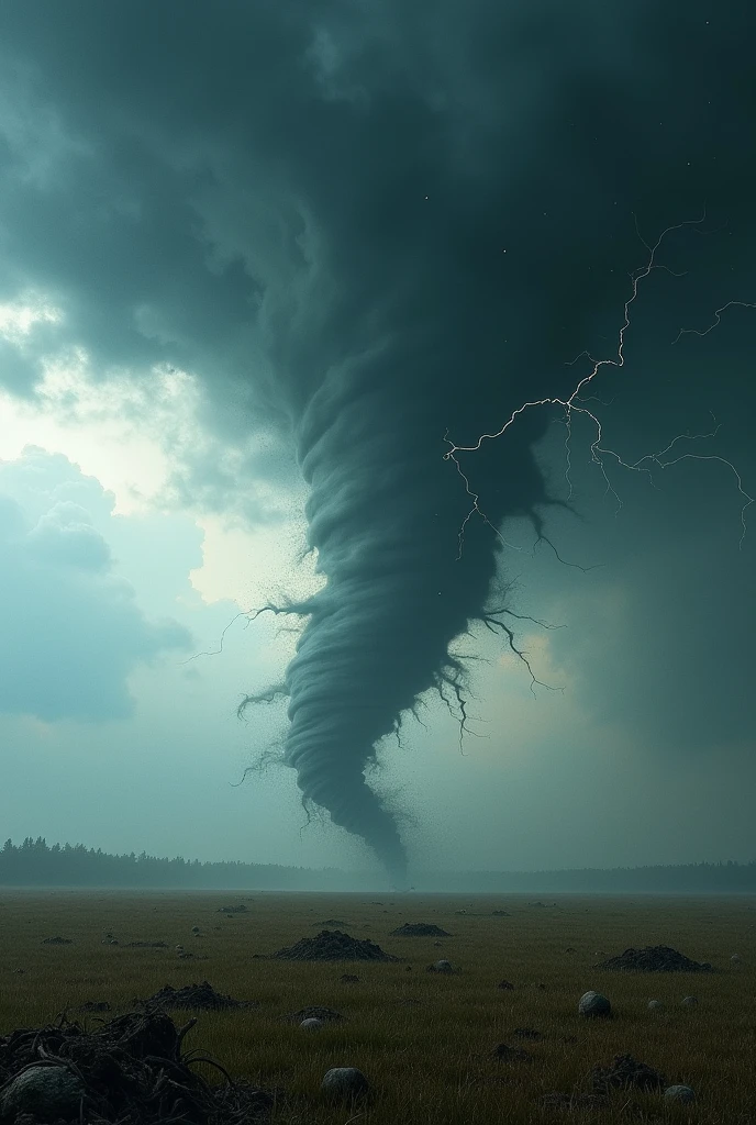 Thunderstorm tornado lightning in an open field