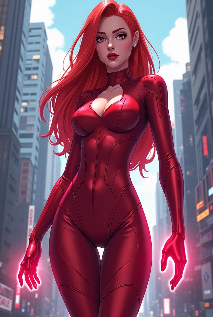 ((Scarlett witch from x-men comic series)) (beautiful face)(glowing eyes)(red lips) ((long brown straight hairstyle))) ((very huge breasts) (perfect slim body) (wears red string body suit, red long stocking))((gloves, choker, tiara)) ((magic hands)) (posing sexy on skycrapper rooftop at night, full moon)) ((Showing backside and ass)) (high definition, amazing lights and shadows) ((masterpiece)) (8k) (perfect face) (best quality) (perfect hands, eyes, and face)((magic power floating around))