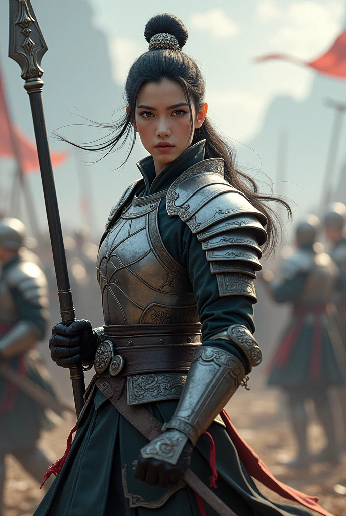 zhao yun,Young general in white,holding a silver spear,States at war,all-body,posture of fight,silver head'shoulder protector,Silver Orc Breastplate,Silver Orc Hip Armor,clearing, delicate and beautiful facial features,A pair of killer eyes,The face is clearly visible,