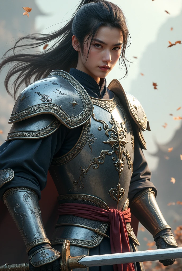 zhao yun,Young general in white,holding a silver spear,States at war,all-body,posture of fight,silver head'shoulder protector,Silver Orc Breastplate,Silver Orc Hip Armor,clearing, delicate and beautiful facial features,A pair of killer eyes,The face is clearly visible,