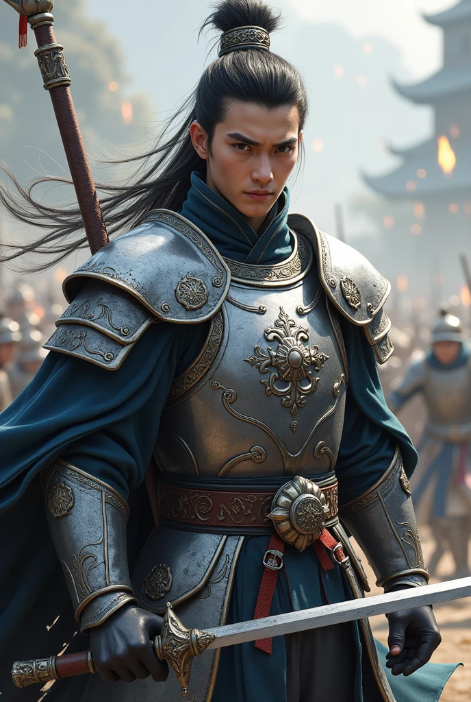 zhao yun，Young general in white，holding a silver spear，States at war，all-body，posture of fight，silver head&#39;shoulder protector，Silver Orc Breastplate，Silver Orc Hip Armor，clearing, delicate and beautiful facial features，A pair of killer eyes，The face is clearly visible，