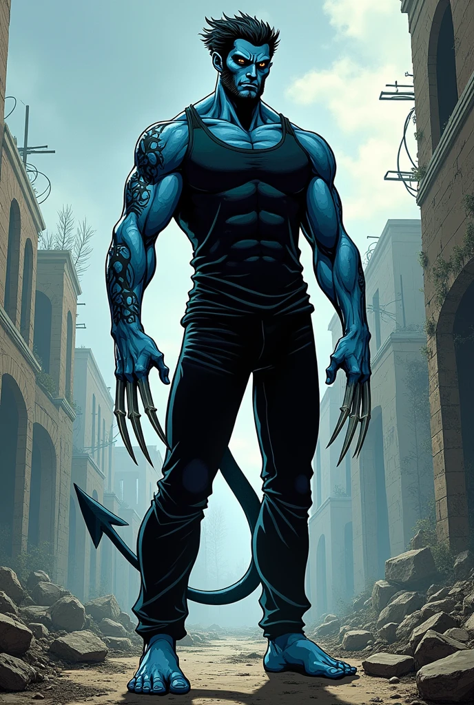 Full illustration body, similar to Beast boy from dc Comics style, Blue Skin color, have a Demon tail blue color, light brown eye color, very short messy black hair, wearing a sleeveless black shirt, Straight black pants, no shoes, black tattoo´s in both arms like tribal waves and circles, he got claws coming out of his knuckles like wolverine from marvel comics , he is in a post apocalyptic place, comic style, 20 years