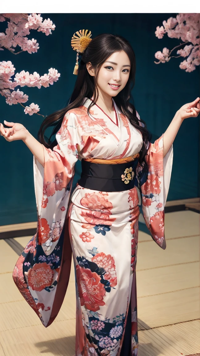 (SeaArt creates stunning illustrations of beautiful women in kimono)、Vividly colored Japanese Ukiyo-e style illustrations、A beautiful woman smiles and shows her upper white teeth、Brown-black long hair、Beautiful full body style、If you want to dance, let's dance, Tokyo Ondo, Yoi Yoi、Beautiful new digital paintings,、Bright vibrant digital anime art、 Beautiful anime portraits、background,Japanese shrine torii gate front、 Detailed digital anime art、