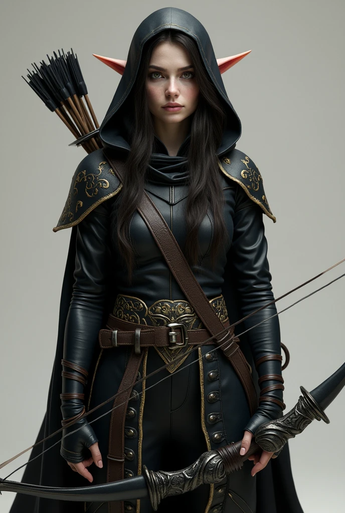 Draw a full-body standing female half-elf with white skin, little elf ears, eyes black, dark brown hair, wearing a black cloak with gold details and a built-in hood holding a crossbow in his hands and a quiver on his back with a handful of arrows. Her eyes are extremely dark and this is her most obvious feature..