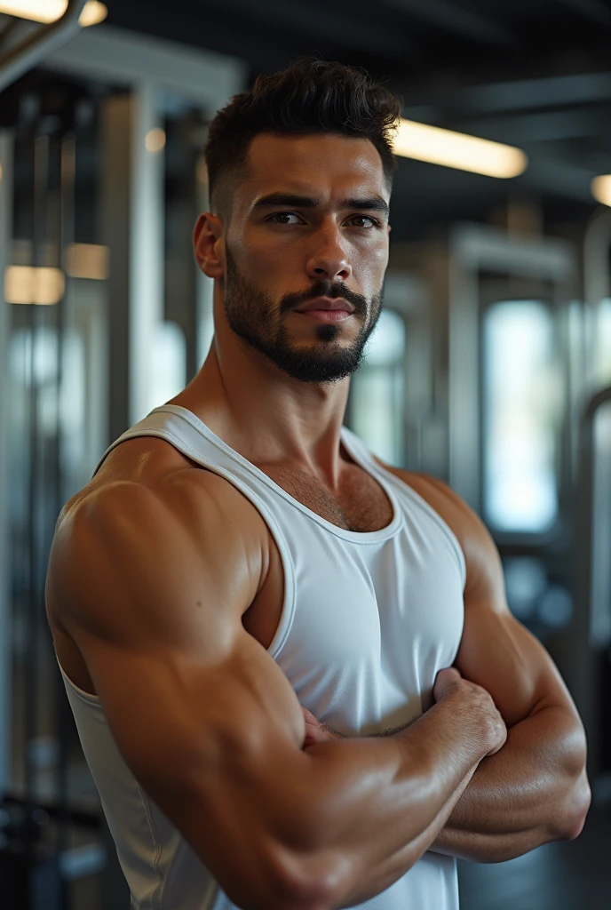 A 2 white Brazilian man with dark hair, skin fair, thin beard in a gym, with jersey