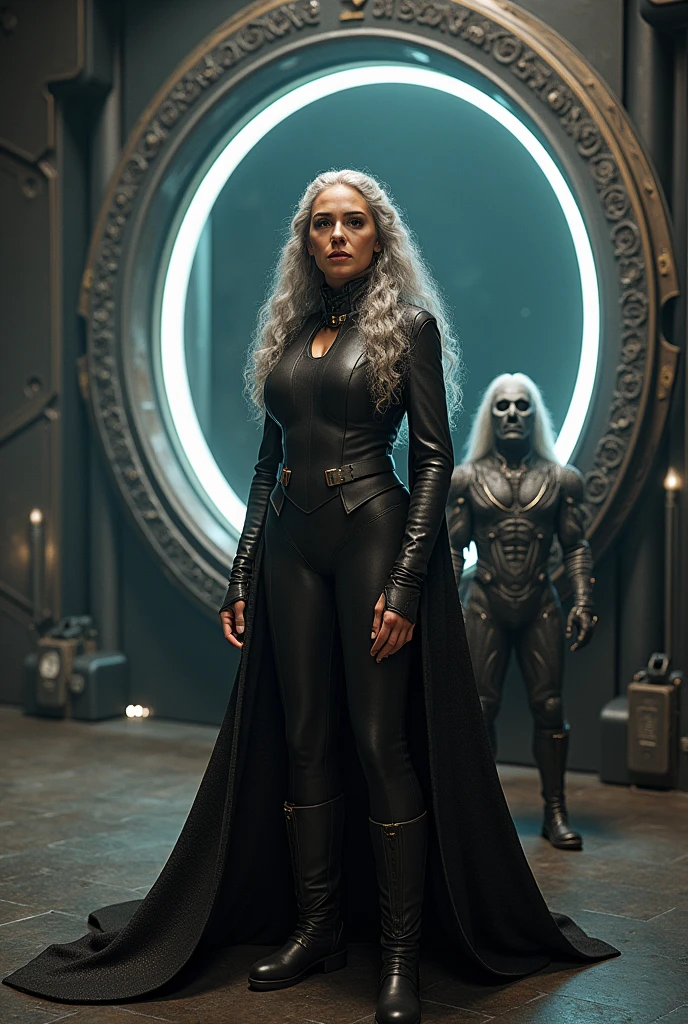 A beautiful youthful looking Chloe Bennet as a 50 years old woman with long curly completely gray hair as a member of stargate command standing next to the Stargate from stargate atlantis and also standing next to a wraith