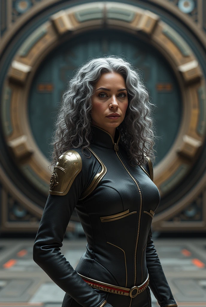 A beautiful youthful looking Chloe Bennet as a 50 years old woman with long curly completely gray hair as a member of stargate command standing next to the Stargate from stargate atlantis and also standing next to a wraith