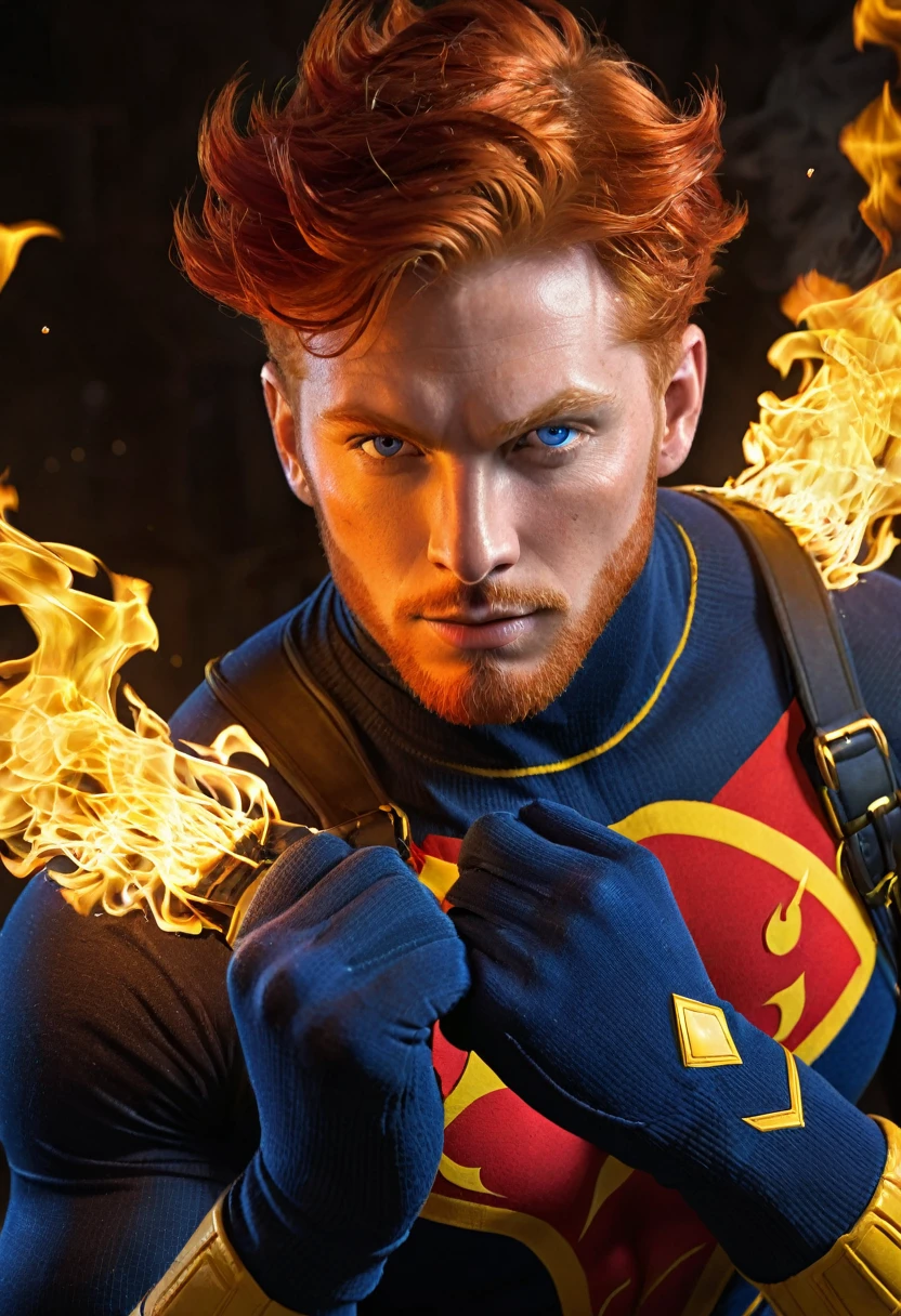 1 man, 1 male, super-hero, muscular man, 25-year old, red hair, blue eyes, red and yellow tights, black fingerless gloves, flames bursting out of his hands, surrounded by flames, bulging muscles, finely detailed eyes and detailed face, extremely detailed CG unity 8k wallpaper, intricate details, portrait, solo, detailed background, bokeh, raytracing, realistic textured skin, particle effects, depth of field, beautiful figure painting, bright light, amazing composition, HDR, volumetric lighting, ultra quality, elegant, highly detailed, masterpiece, best quality, high resolution, model shoot style,