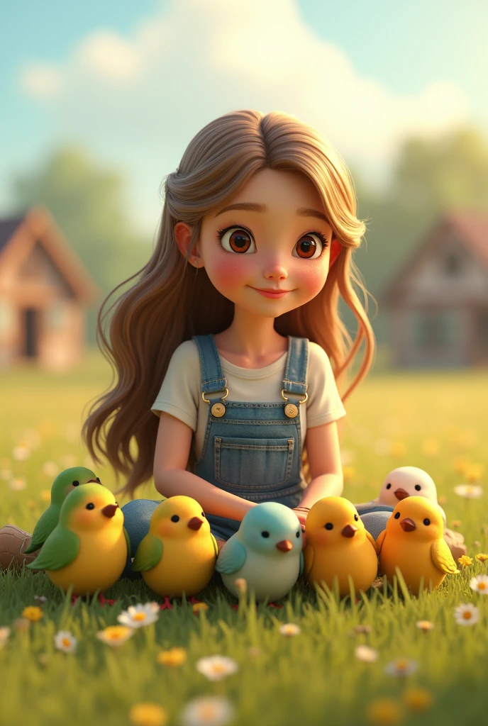 Create a beautiful girl, maiden, long light brown hair, slightly wavy, small almond-shaped brown eyes, elongated face, slightly full and pink lips, wears denim overalls and a t-shirt underneath, brown boots on her feet, takes care of 7 birds , 3 little birds in green, 2 little birds in yellow, 1 little bird is white with light yellow, and 1 little bird is blue with light green. (detailed birds) she is peaceful and smiling, the day is sunny, animation character, stylized character, animation style rendering, 3d stylized, Arnold Maya rendering, stylized 3d rendering, toon render screenshot, 3d character , 3d character, stylized 3d rendering, 3d character rendering, cartoon character, close-up character, character pose, (Pixar style) (master part: 1.2) (bokeh) (best quality) (detailed skin) (detailed texture) (8k) (Argilla) (cinematic lighting) (sharp focus