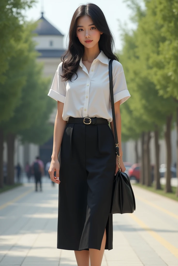 (Best quality, 4K, high resolution, masterpiece:1.2), (ultra-detailed, photo-realistic:1.37), (full-body portrait), 20 years old, Thai woman, university student, intelligent, diligent, friendly, (black hair), perfect lash, minimal makeup, tan skin, expressive dark brown eyes, gloss lips, natural allure, slim body shape, modest attire, ((wearing white short sleeve shirt)), ((black short straight skirt)), black designer high heels, black leather belt, carrying black "Chanel Boy" on shoulder, Background featuring university campus.
