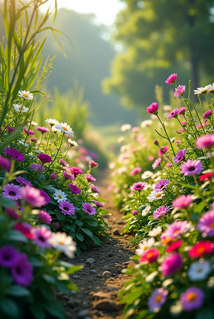 A lush garden filled with vibrant, diverse flowers in full bloom. The scene features a variety of blossoms in colors like purple, white, yellow, and shades of pink, surrounded by tall green grasses and leafy plants. The flowers include delicate petunias, daisies, and other blooms, all flourishing under the sunlight, creating a rich and colorful display against the backdrop of lush green foliage. The garden is bursting with life, with the flowers arranged naturally, showcasing the beauty of a well-maintained, thriving garden.