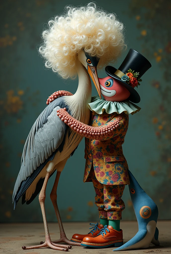 Heron in a wig hugging an octopus dressed as a clown and a shark in a hat