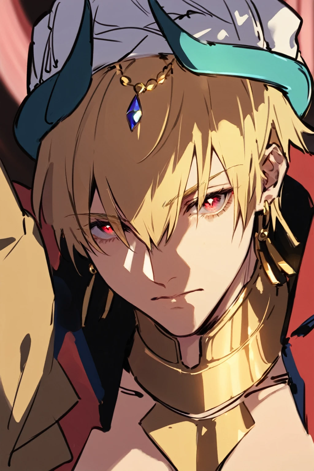 absurdres, highres, ultra detailed, HDR, master piece, best quality, extremely detailed face, delicated features, Gilgamesh (caster), blonde hair, expressive red eyes, Fate Grand Order, solo, sexy man, handsome, adult face, manly man, purple tattoo on the shoulder, toned chest, single golden gauntlet, golden necklace, turban with blue horns, jelwery, red roses, window, curtains, throne room, fantasy, magical