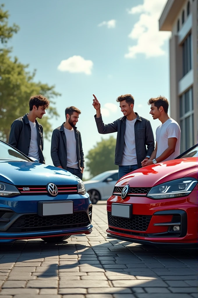 4 guys looking at 1 volkswagen scirocco 1 polo gti 1 volkswagen scirocco and a golf 7 gti