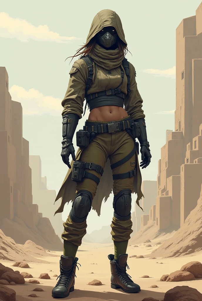 a charismatic mujer [Gunner: bounty hunter: 0.4] standing in the middle of a science fiction desert (cube style: 1) Whole body, face mask