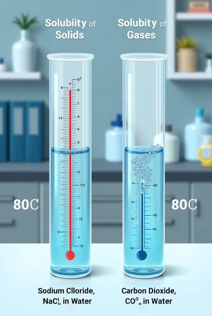 Showing two glass test tubes in a laboratory setting, each with a thermometer immersed in water. Above the first test tube, place the title &#39;Solubility of Solids&#39;, and on the side, indicate &#39;Sodium Chloride&#39; (NaCl) in water&#39;. The tube contains sodium chloride crystals dissolving in the water.. Under the tube, indicate the temperature as &#39;80°C&#39;. Above the second test tube, place the title &#39;Solubility of Gases&#39;, and on the side, indicate &#39;Carbon Dioxide&#39; (CO2) in water&#39;. The tube contains water with carbon dioxide bubbles that are decreasing. Under the tube, indicate the temperature as &#39;80°C&#39;. Each element should be clearly labeled and arranged to show how temperature affects the solubility of solids and gases.
