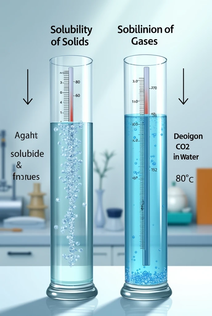 Showing two glass test tubes in a laboratory setting, each with a thermometer immersed in water. Above the first test tube, place the title &#39;Solubility of Solids&#39;, and on the side, indicate &#39;Sodium Chloride&#39; (NaCl) in water&#39;. The tube contains sodium chloride crystals dissolving in the water.. Under the tube, indicate the temperature as &#39;80°C&#39;. Above the second test tube, place the title &#39;Solubility of Gases&#39;, and on the side, indicate &#39;Carbon Dioxide&#39; (CO2) in water&#39;. The tube contains water with carbon dioxide bubbles that are decreasing. Under the tube, indicate the temperature as &#39;80°C&#39;. Each element should be clearly labeled and arranged to show how temperature affects the solubility of solids and gases.