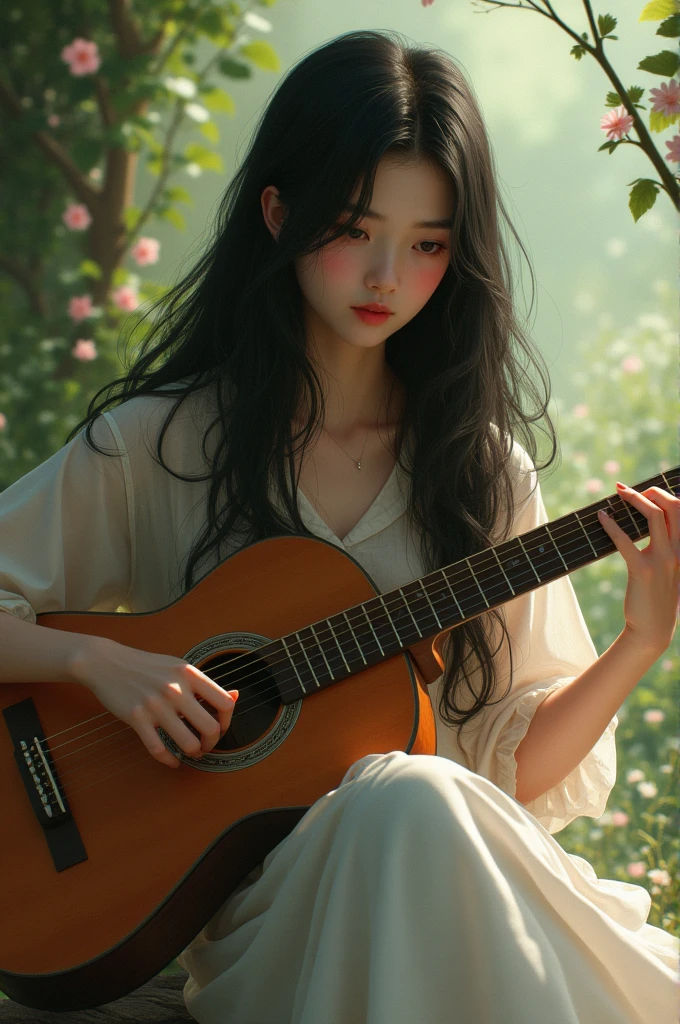 Girl with long dark hair sitting with a guitar 
