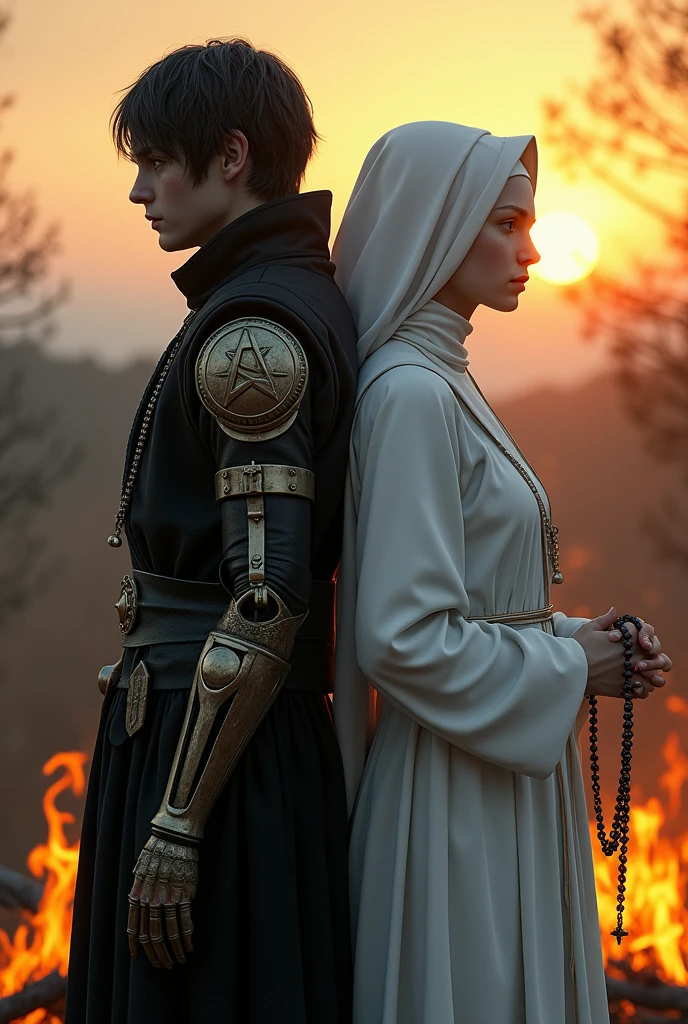 Two albinos from the Middle Ages back to back with violet eyes and white hair, with the one on the left with short hair in dark alchemist clothes and with the left arm with a steampunk prosthesis with a pentagram raised, and the one on the right in white nun's clothes with a rosary, at sunset in front of a bonfire