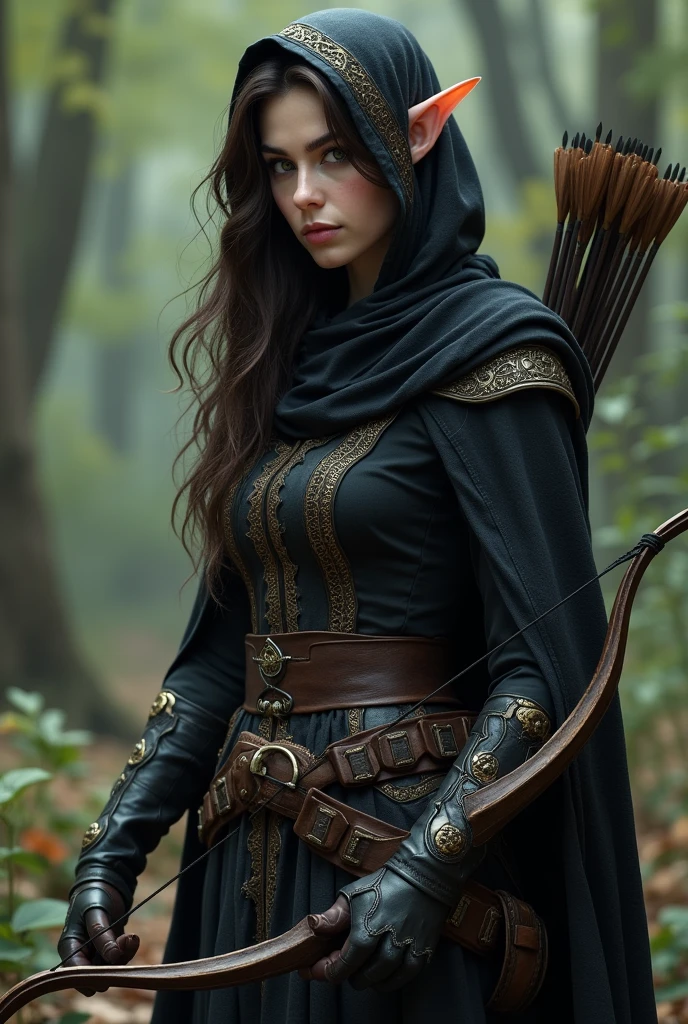 Draw a full-body, standing female half-elf with VERY DARK eyes, THE DARKEST POSSIBLE, Caucasian skin, little elf ears, eyes black, dark brown hair, wearing a black cloak with gold details and a built-in hood holding a crossbow in his hands and a quiver on his back with a handful of arrows. Her eyes are extremely dark and this is her most obvious feature..