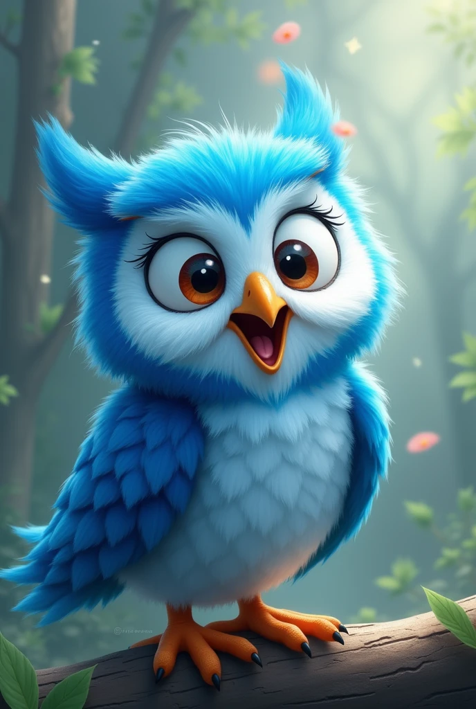 A blue owl laughing with its eyes closed