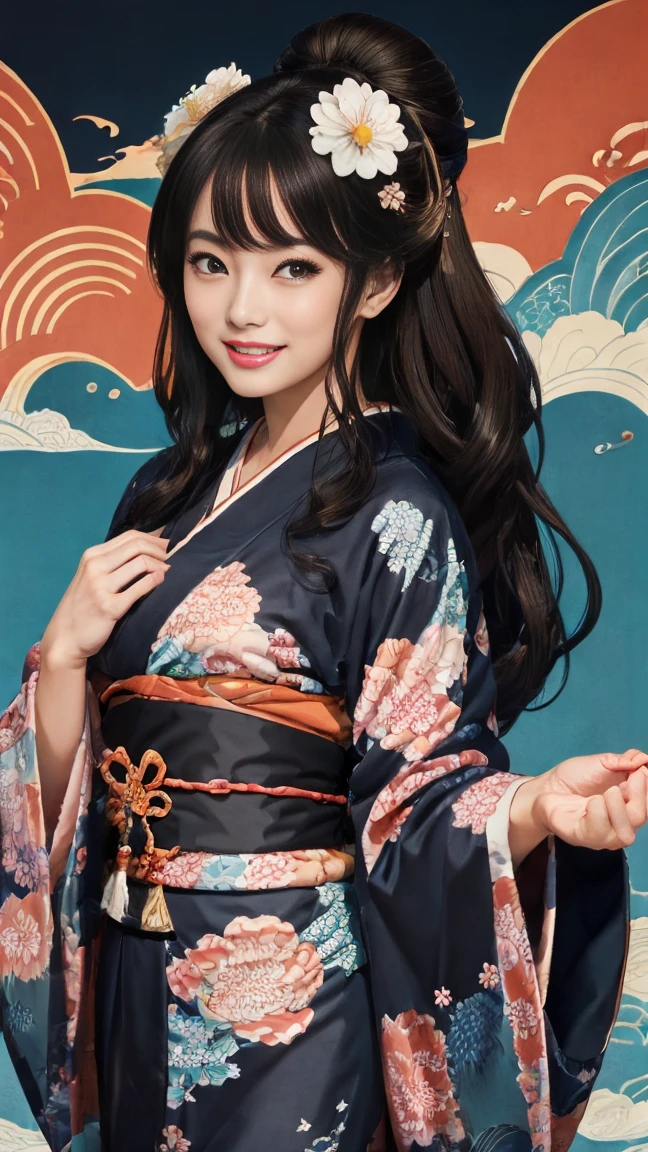 (SeaArt creates stunning illustrations of beautiful women in kimono)、Vividly colored Japanese Ukiyo-e style illustrations、A beautiful woman smiles and shows her upper white teeth、Brown-black long hair、Beautiful full body style、If you want to dance, let&#39;s dance, Tokyo Ondo, Yoi Yoi、Beautiful new digital paintings,、Bright vibrant digital anime art、 Beautiful anime portraits、background,Japanese shrine torii gate front、 Detailed digital anime art、