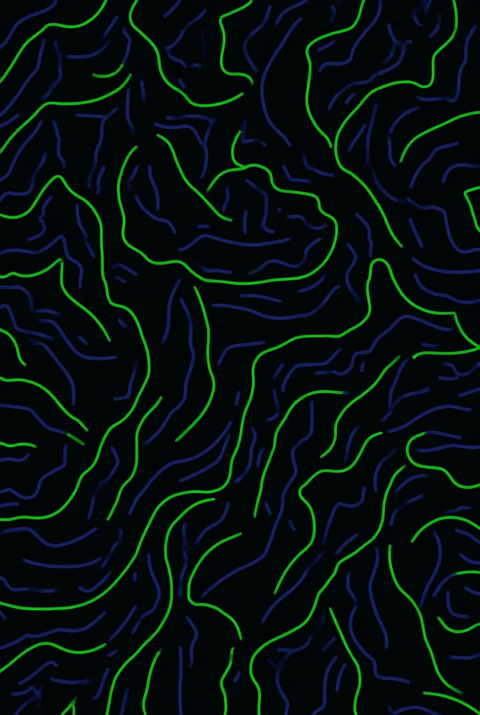 black background with several lines throughout the image of green and purple colors forming webs. the image must be flat with the lines all over it in a more cartoon style