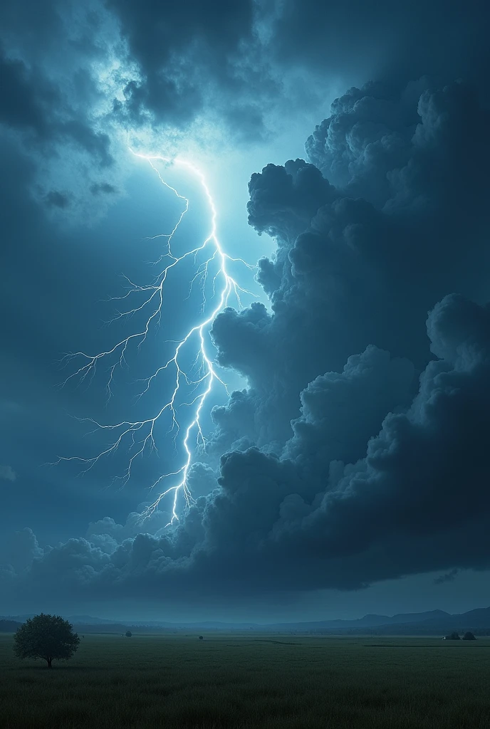 Thunderstorm big clouds lightning on open field field 
