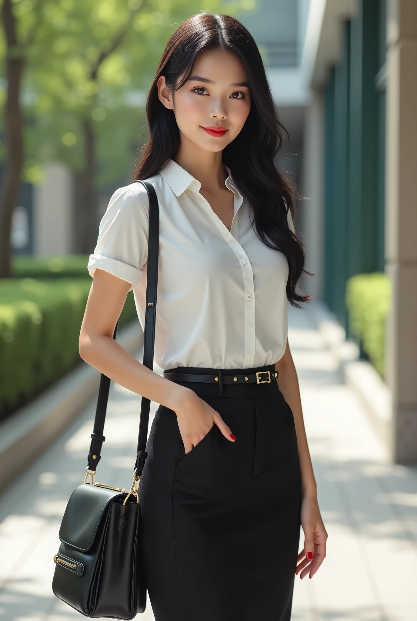 (Best quality, 4K, high resolution, masterpiece:1.2), (ultra-detailed, photo-realistic:1.37), (full-body portrait), 20 years old, Thai woman, university student, intelligent, diligent, friendly, (black hair), perfect lash, minimal makeup, tan skin, expressive dark brown eyes, gloss lips, natural allure, slim body shape, modest attire, ((wearing white short sleeve shirt)), ((black short straight skirt)), black designer high heels, black leather belt, carrying black "Chanel Boy" on shoulder, Background featuring university campus.
