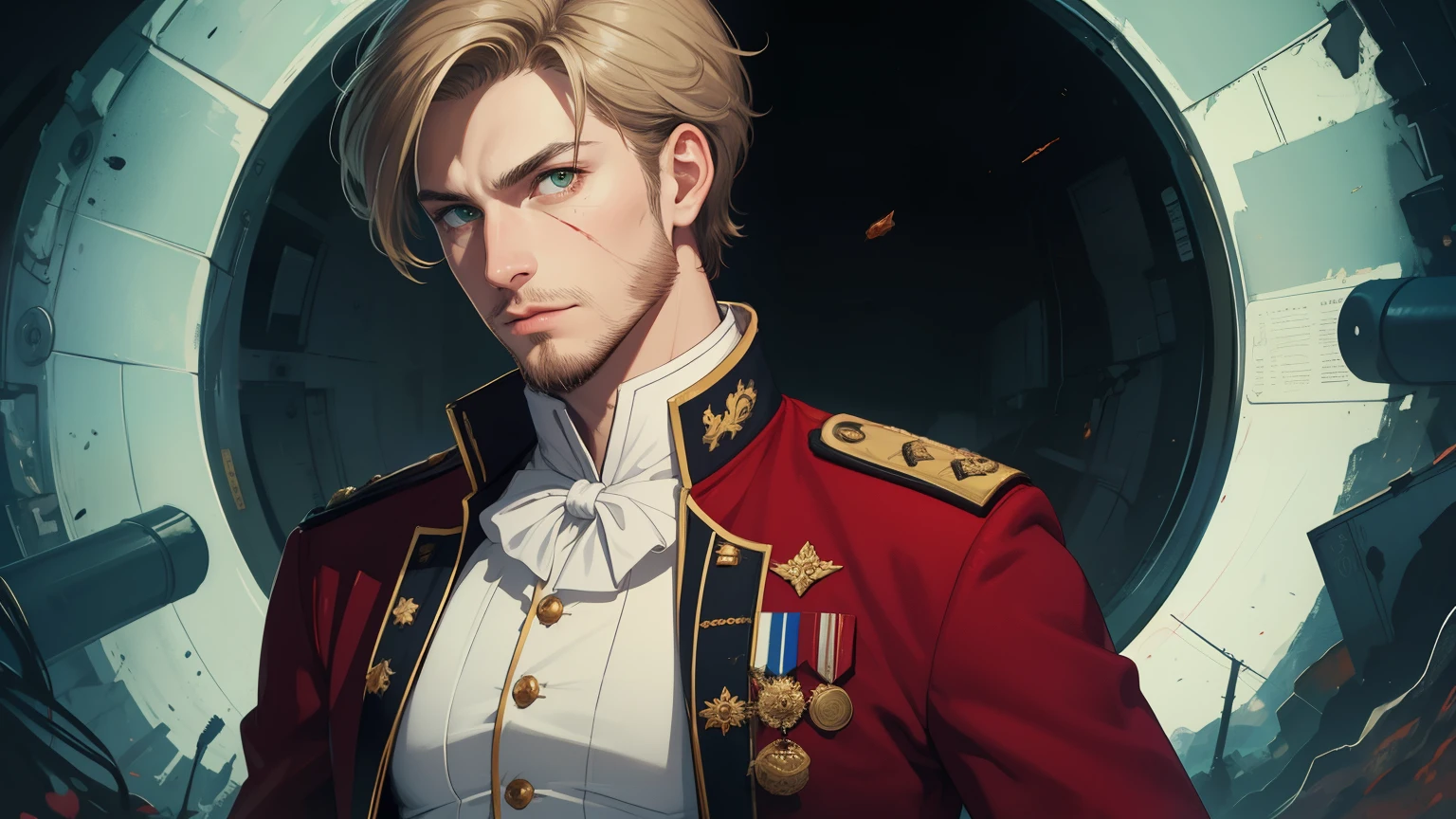 young man, dark blonde hair, beard, royal uniform, wounded, green eyes, aggresive look, perfect eyes, high quality, more details
