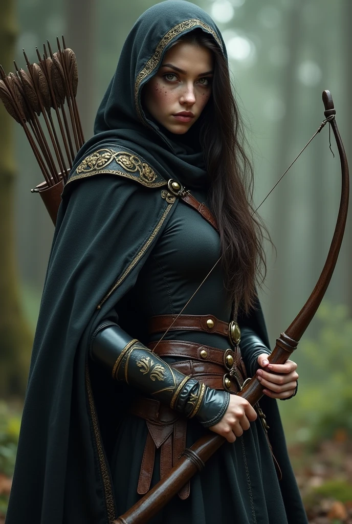 Draw a full-body, standing female half-elf with VERY DARK eyes, THE DARKEST POSSIBLE, Caucasian skin, little elf ears, eyes black, dark brown hair, wearing a black cloak with gold details and a built-in hood holding a crossbow in his hands and a quiver on his back with a handful of arrows. Her eyes are extremely dark and this is her most obvious feature..