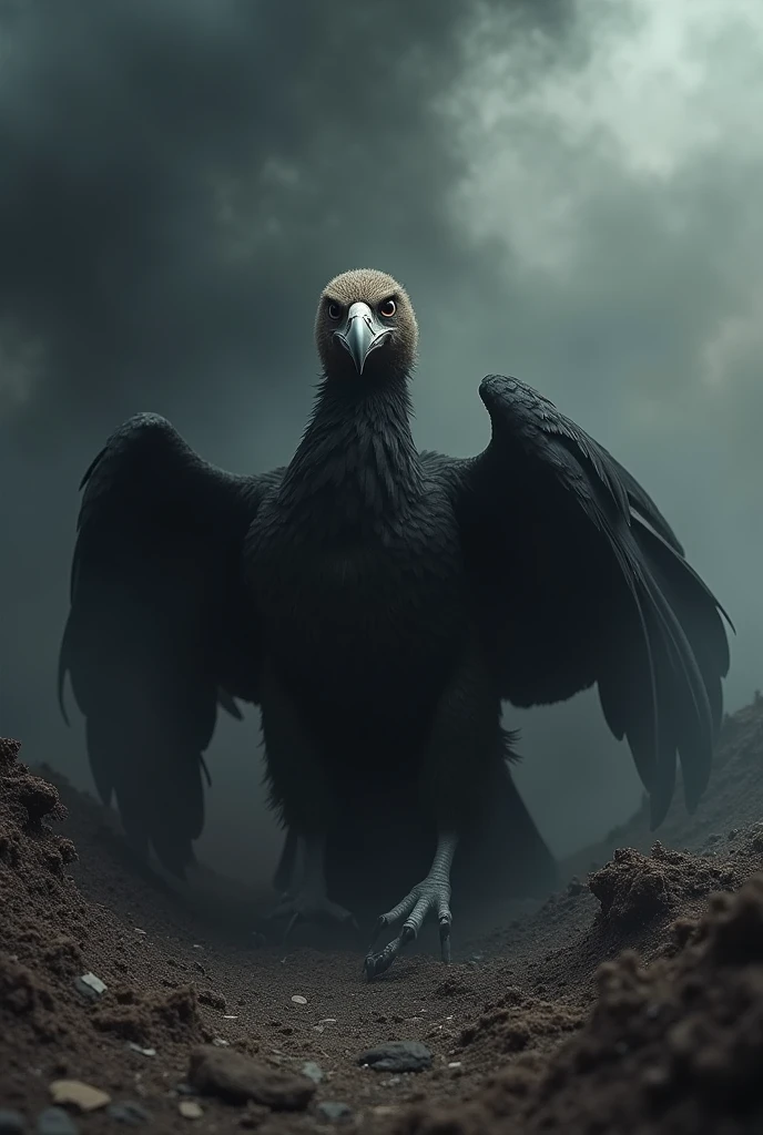 Vulture coming out of a burrow with black smoke