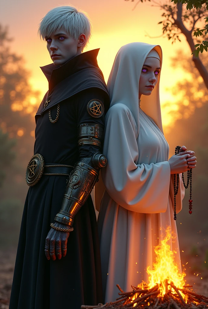 Two albinos from the Middle Ages back to back with violet eyes and white hair, with the one on the left with short white hair in dark alchemist clothes and with the left arm with a steampunk prosthesis with a pentagram raised, and the one on the right in white nun's clothes with a rosary, at sunset in front of a bonfire