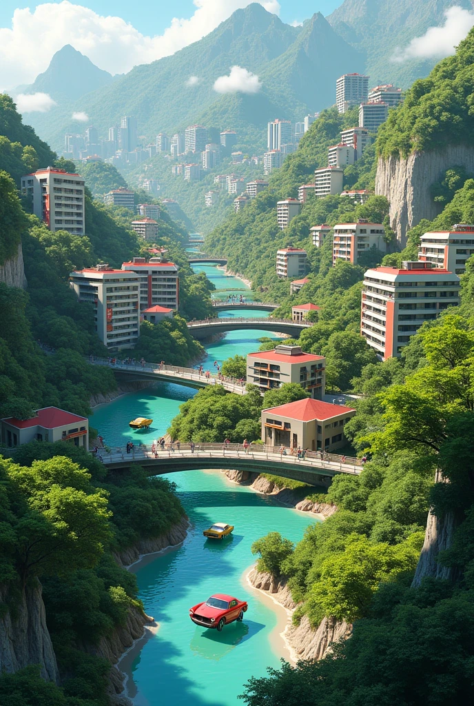 Create me a place called Luvelo Creek, There is also a car festival called New Horizon in this place., Luvelo Creek is a larger town, It is more urban but also has areas of vegetation in the middle of it., It is higher than sea level and has tunnels to other cities in it.