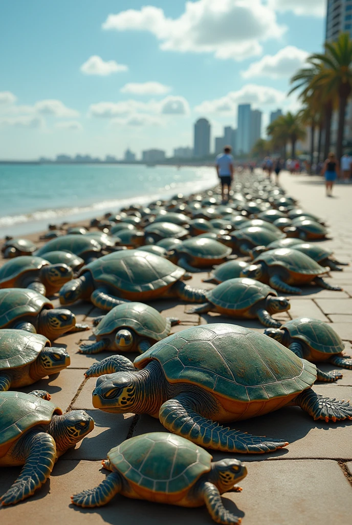 Invasion of sea turtles on the Montevideo promenade