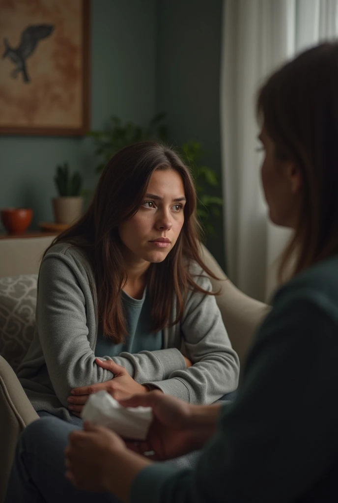 A sad teenager talking about her traumas in front of a psychotherapist