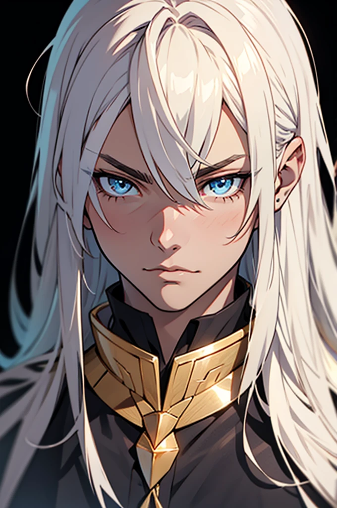anime boy with blue eyes, white long hairs, portrait, no background, black background
