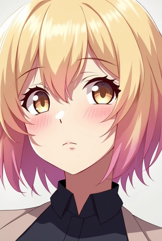 One with light blonde hair and light pink at the ends, short and LARGE HAIR AT THE FRONT, along with bangs and half-open eyes, honey-colored with light pink in the anime style of MY HERO ACADEMIA BOKU NO HERO