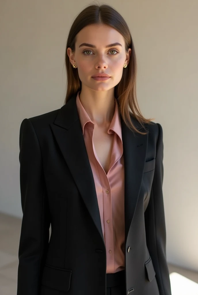 Woman in black suit with pink blouse
